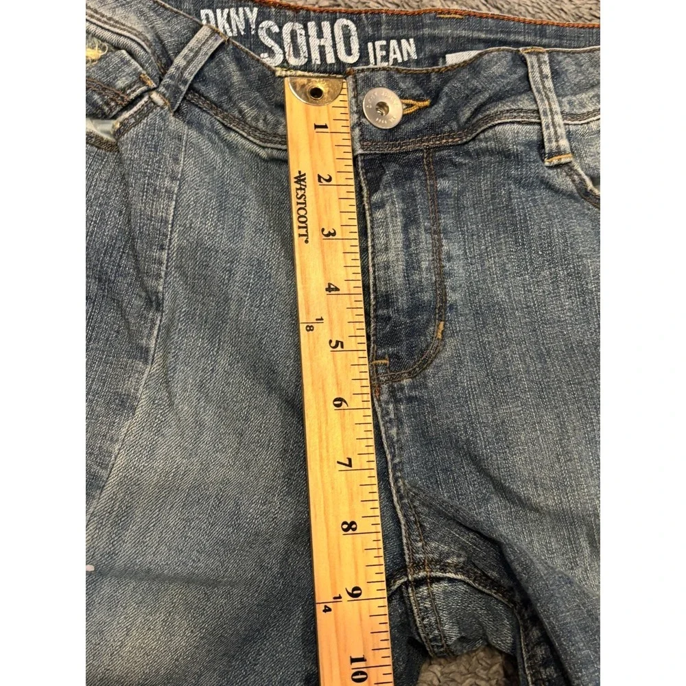 DKNY Jeans Womens 6 Soho Flare Denim Blue Medium Wash Distressed Hippie Splatter